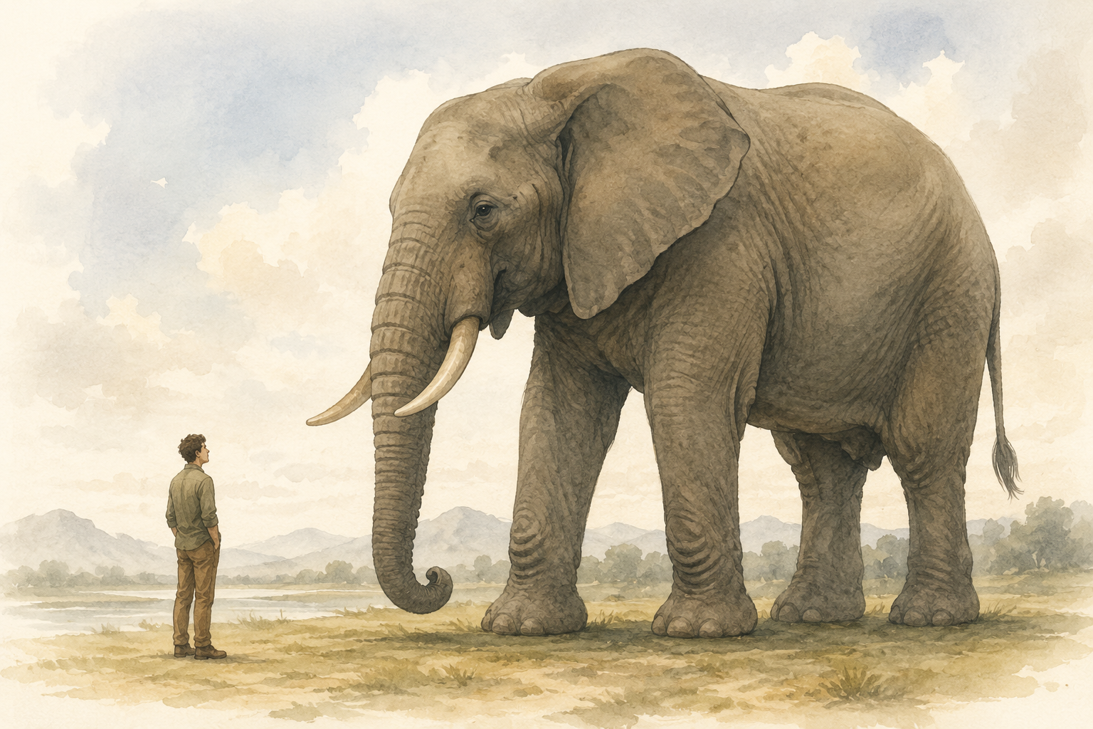 A small person standing beside a large elephant