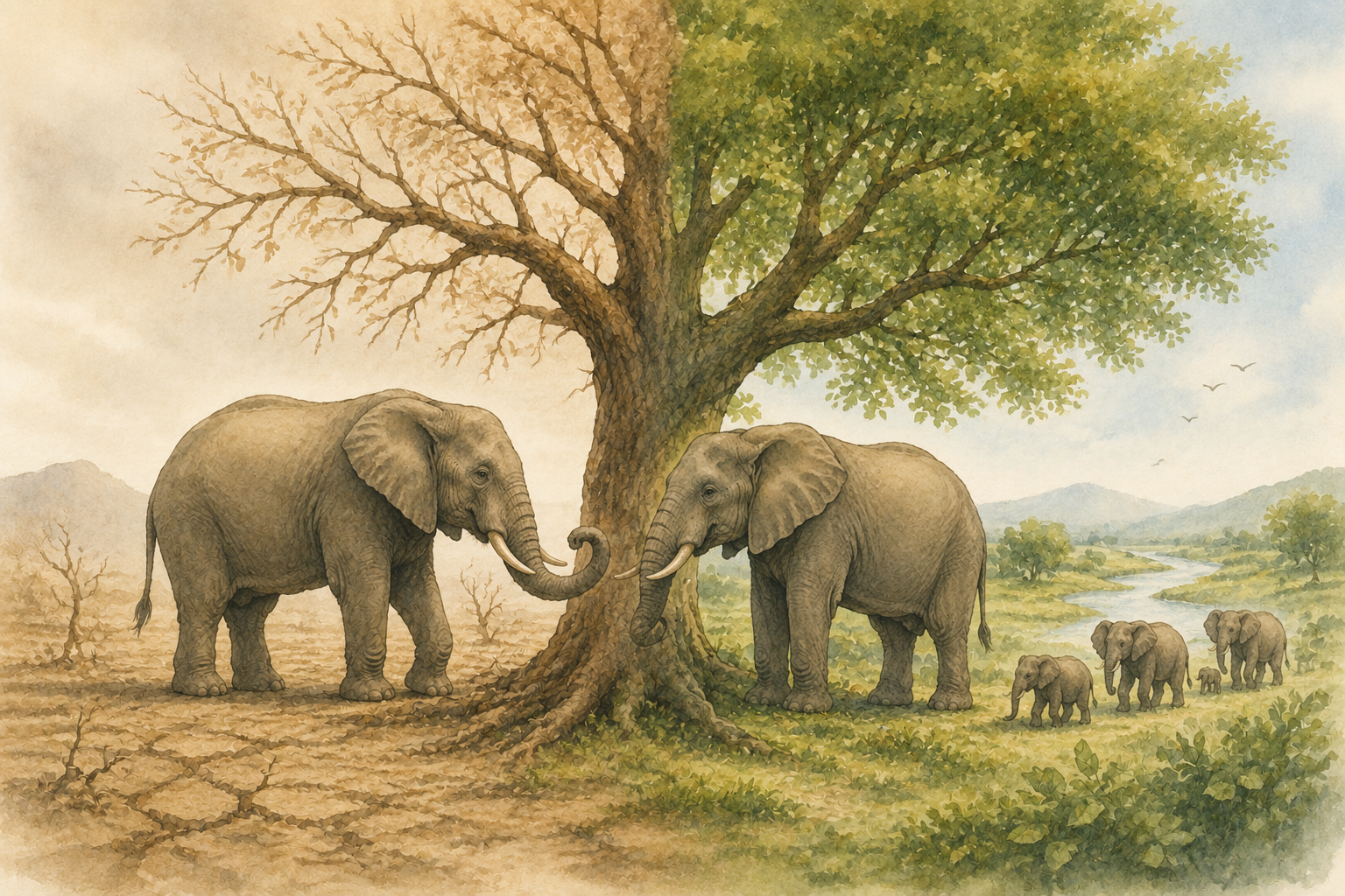 An elephant beside a great old tree