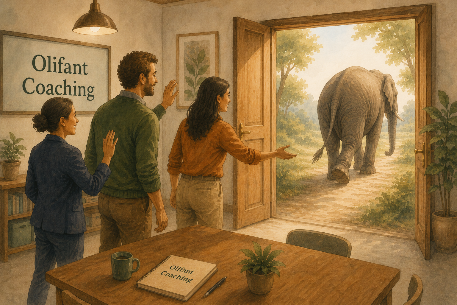 Three colleagues at Olifant Coaching opening a door to let the elephant walk out into the open