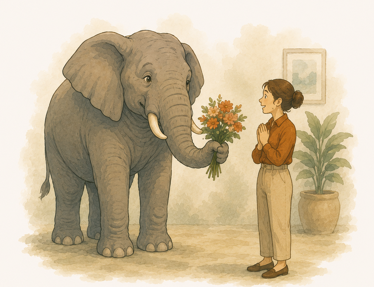 An elephant offering a bouquet of flowers