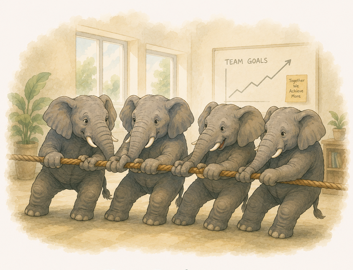 Elephants pulling a rope together