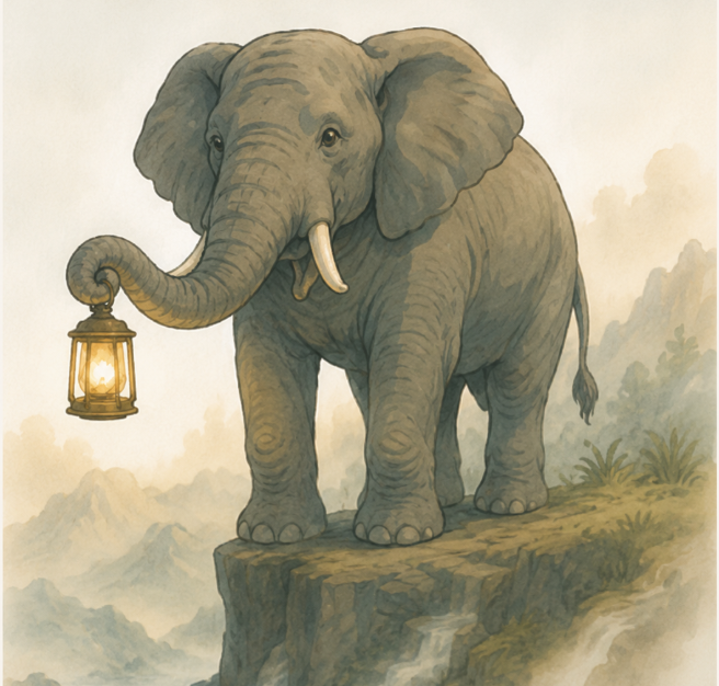 An elephant standing on a cliff edge, carrying a glowing lantern in its trunk
