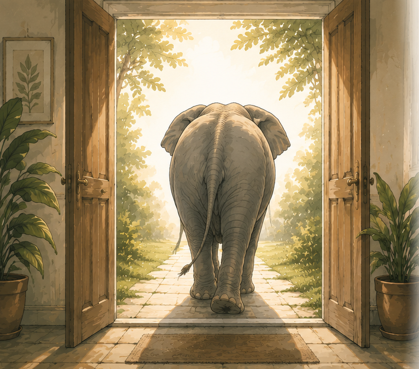 An elephant walking through an open door, toward the light