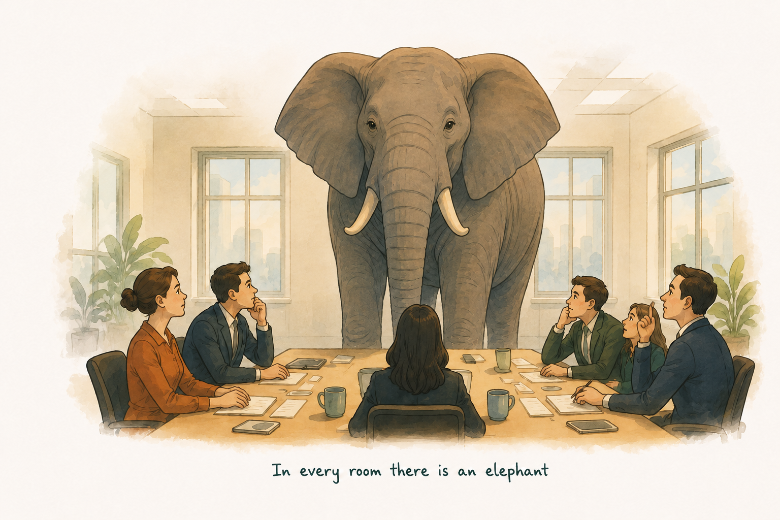 A calm elephant standing in a meeting room while colleagues avoid looking at it. In every room there is an elephant.