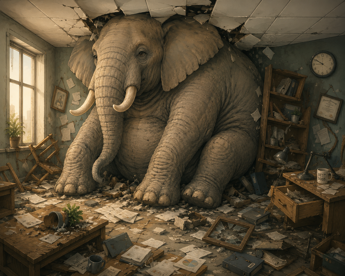 An elephant grown so large it has burst through the ceiling of a cluttered, neglected office