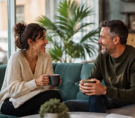 Two colleagues having a warm, relaxed conversation over coffee