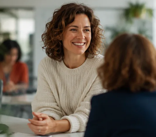 An HR professional in a warm, friendly one-to-one conversation