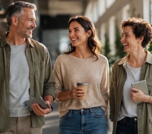 A friendly team of colleagues walking and talking together in a bright workplace