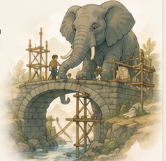 An elephant helping a young person build a stone bridge
