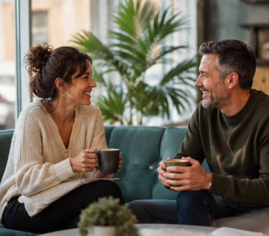 Two colleagues having a warm, relaxed conversation over coffee